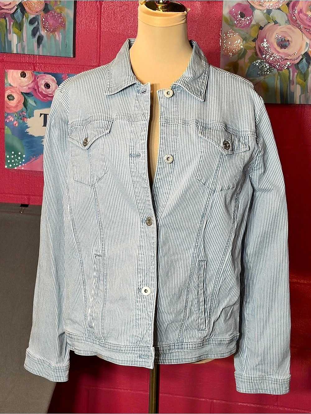 Chico's Blue and White Striped Denim Trucker Jacket Blue & White Striped Denim